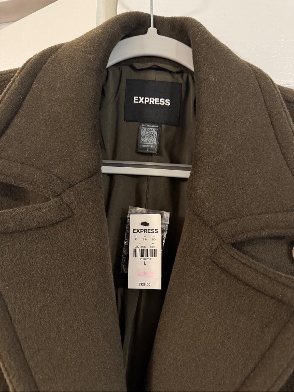 Express Double-Breasted Wool Coat in Olive Green Military Style - Picture 3 of 4